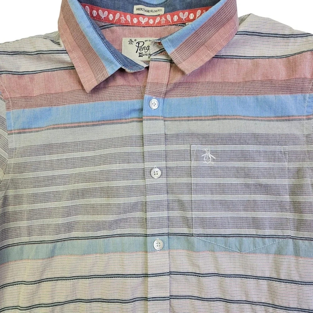 Original Penguin Mens Heritage Slim Fit Striped Short Sleeve Button Up Shirt S - Picture 5 of 11